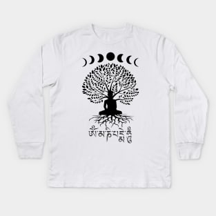 Moon Phases Buddha Om Mani Padme Hum Tree of Life Kids Long Sleeve T-Shirt